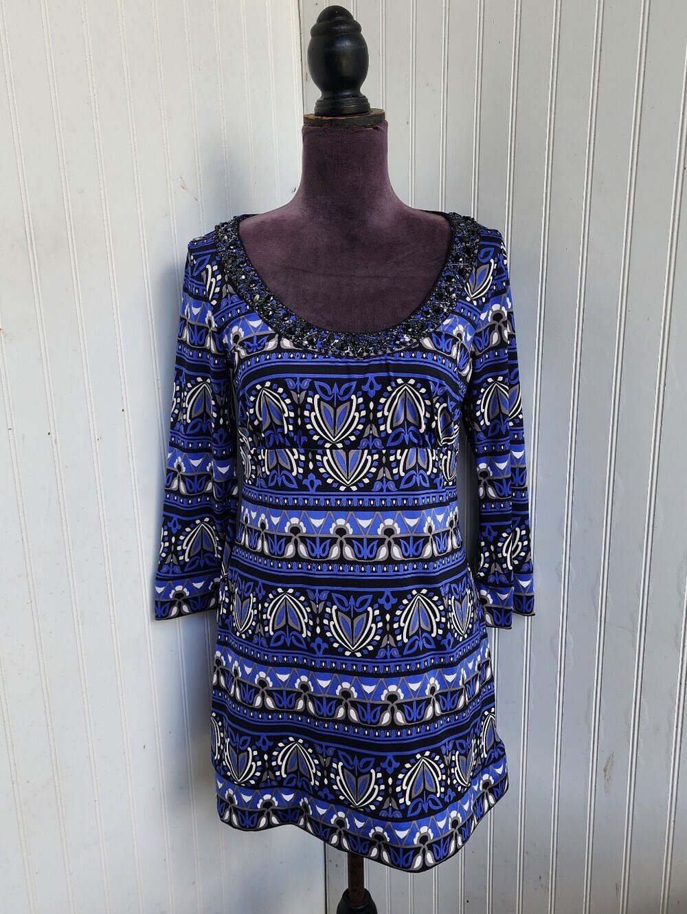 INC INTERNATIONAL CONCEPTS TUNIC TOP WOMEN Blue Black BEADS Flare 3/4 Sleeve M